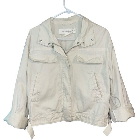 Treasure & Bond Stand Collar Cotton Twill Jacket Cream Size Medium - Picture 3 of 11